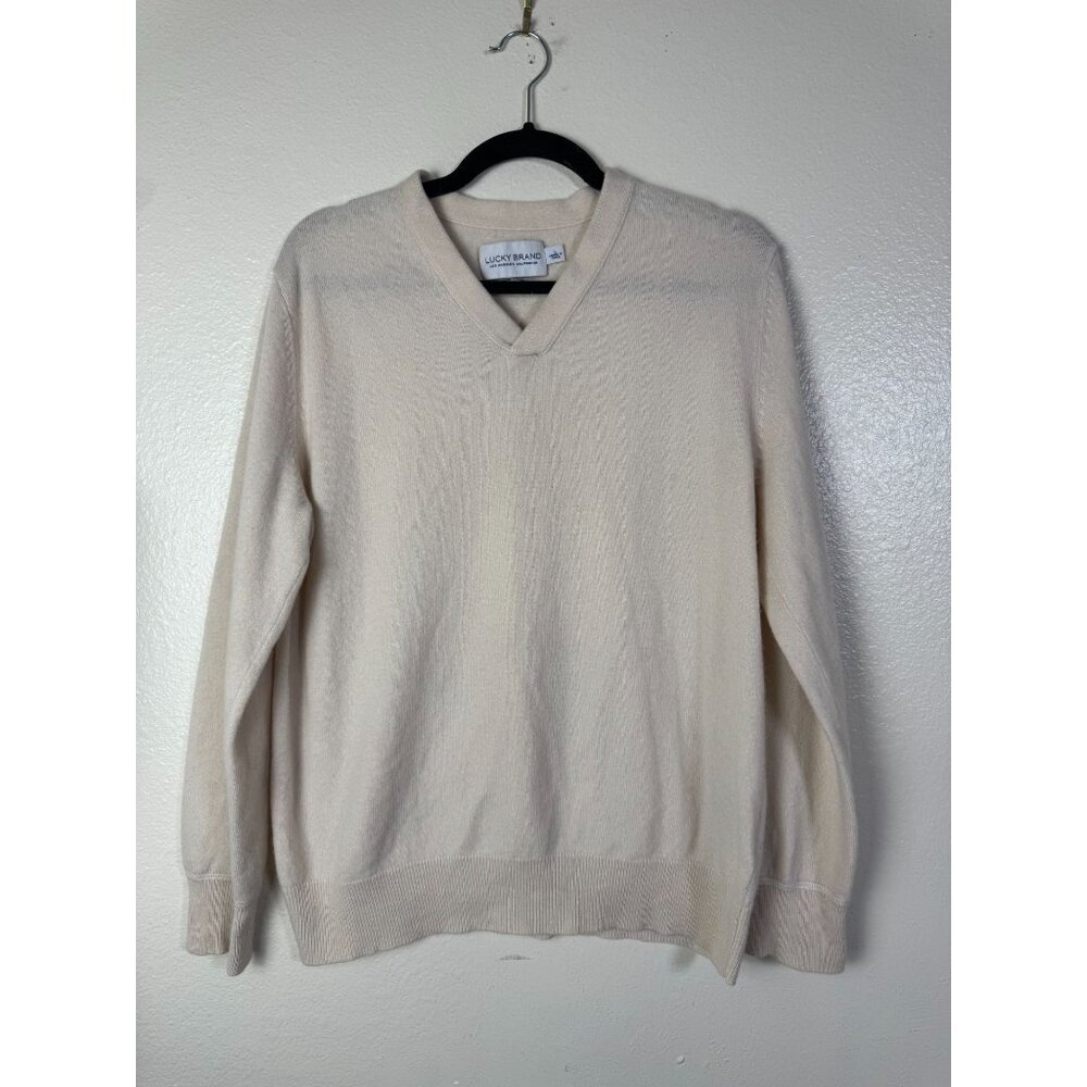 Lucky Brand Mens V-Neck 100% Cashmere Sweater Beige Size Large‎ Cozy Long Sleeve